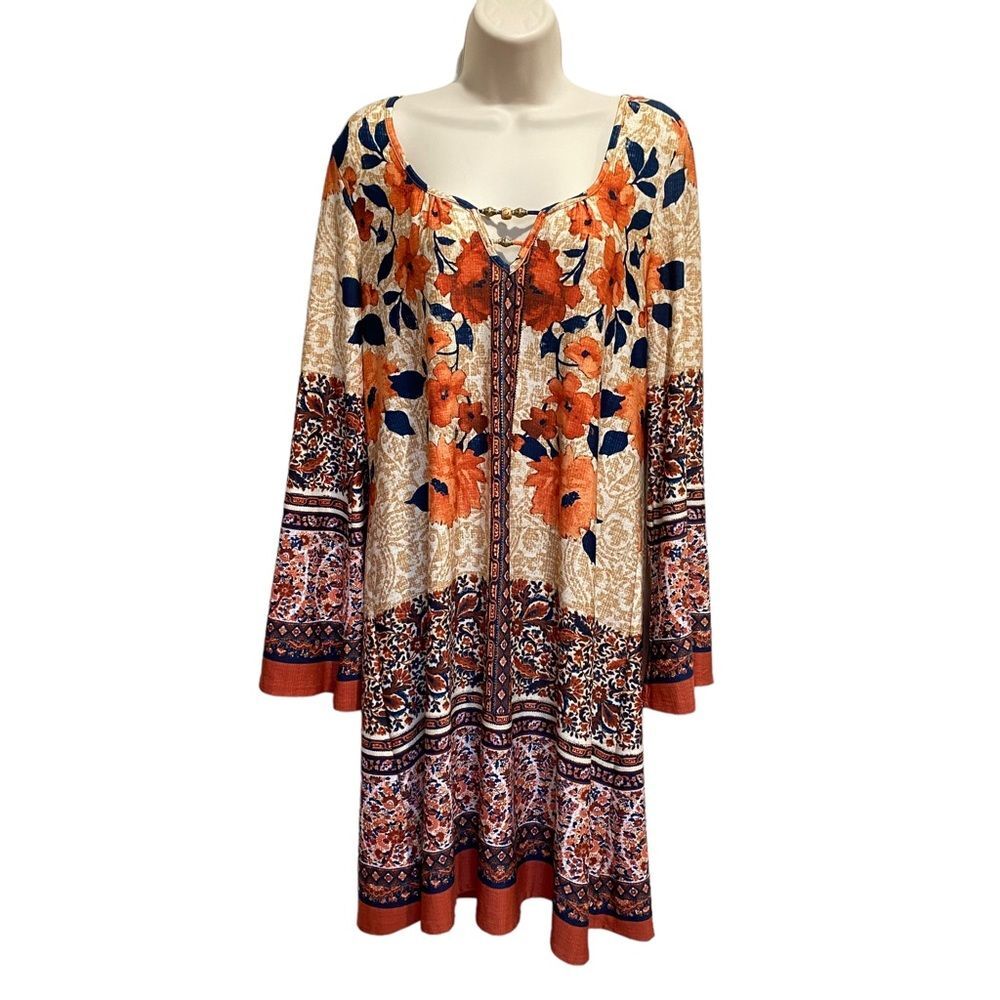One World Boho Folk Retro Floral Embellished Bell Sleeve Dress Orange Small